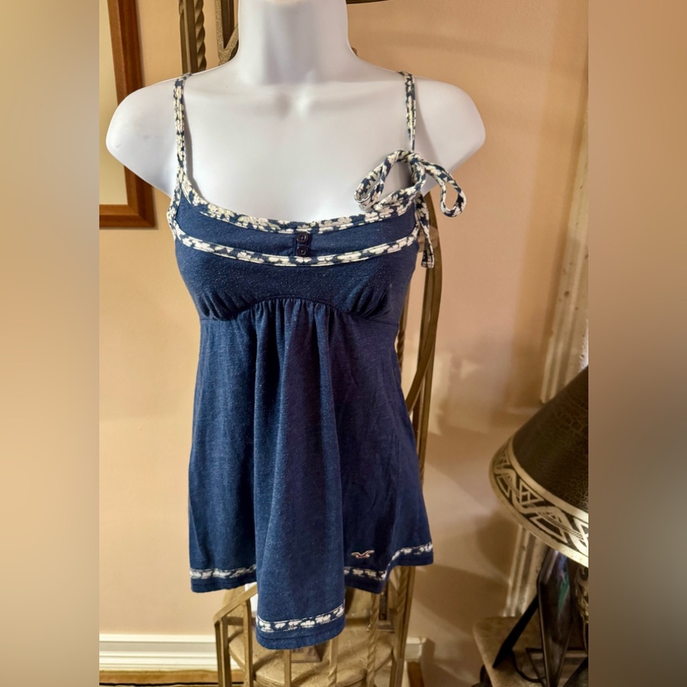 Hollister Vintage Y2K 2000’s Dark Blue BabyDoll Cut Tank Top with Floral Trim Sm - Picture 3 of 11